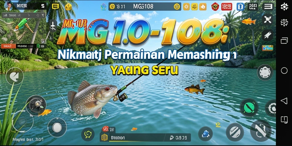 Screenshot gameplay MG108 menunjukkan momen seru saat memancing.