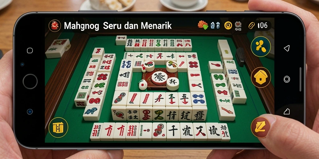 Screenshot menampilkan gameplay N06 dengan ubin Mahjong yang berwarna-warni.